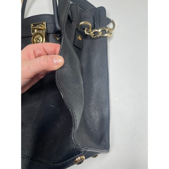 Michael Kors Hamilton Black Leather Satchel Shoulder Bag Tote Bag Gold Chain - Picture 6 of 13